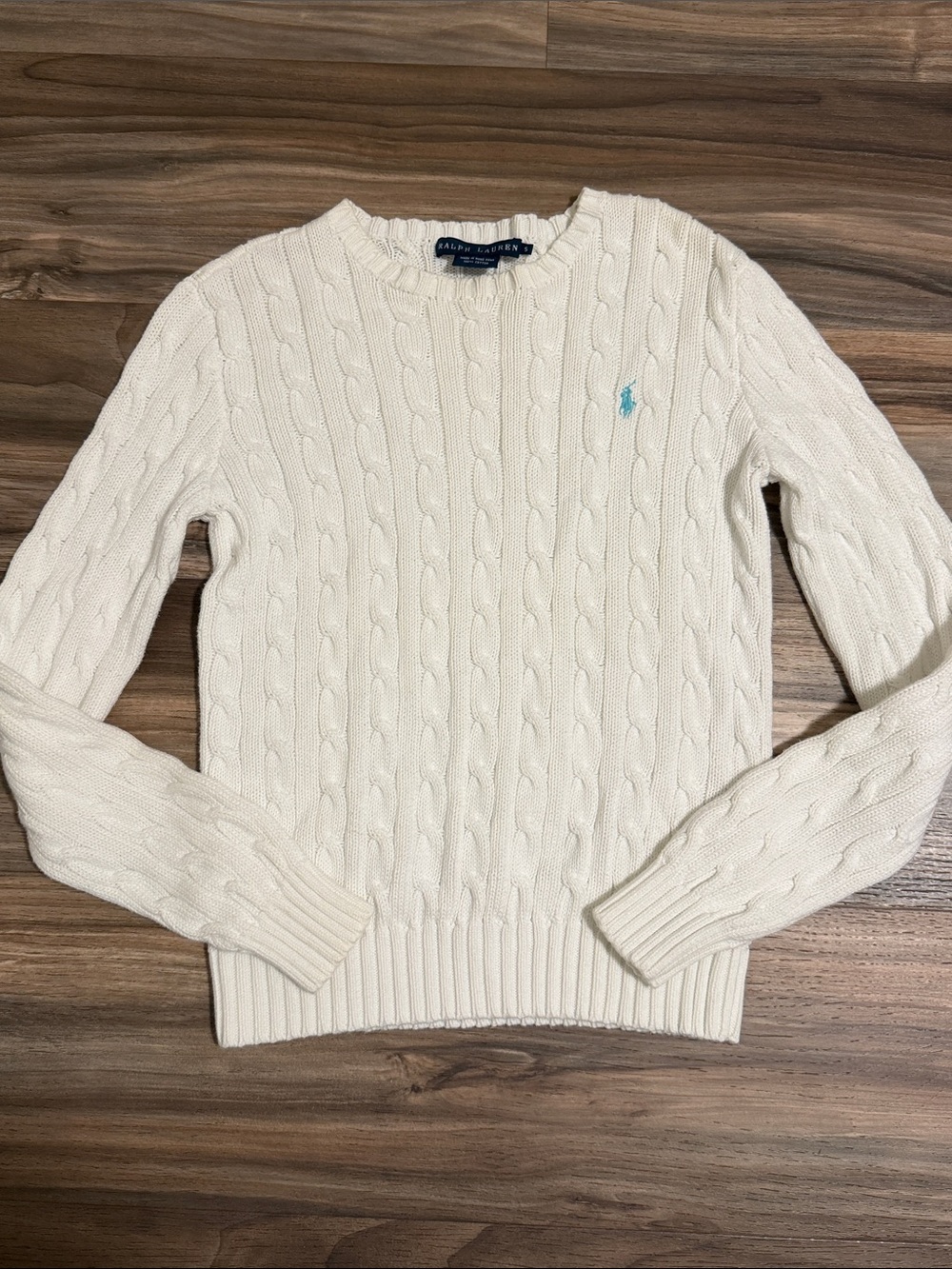 VTG Ralph Lauren Cable Knit Sweater Women’s S White Crew Neck Cotton Old Money